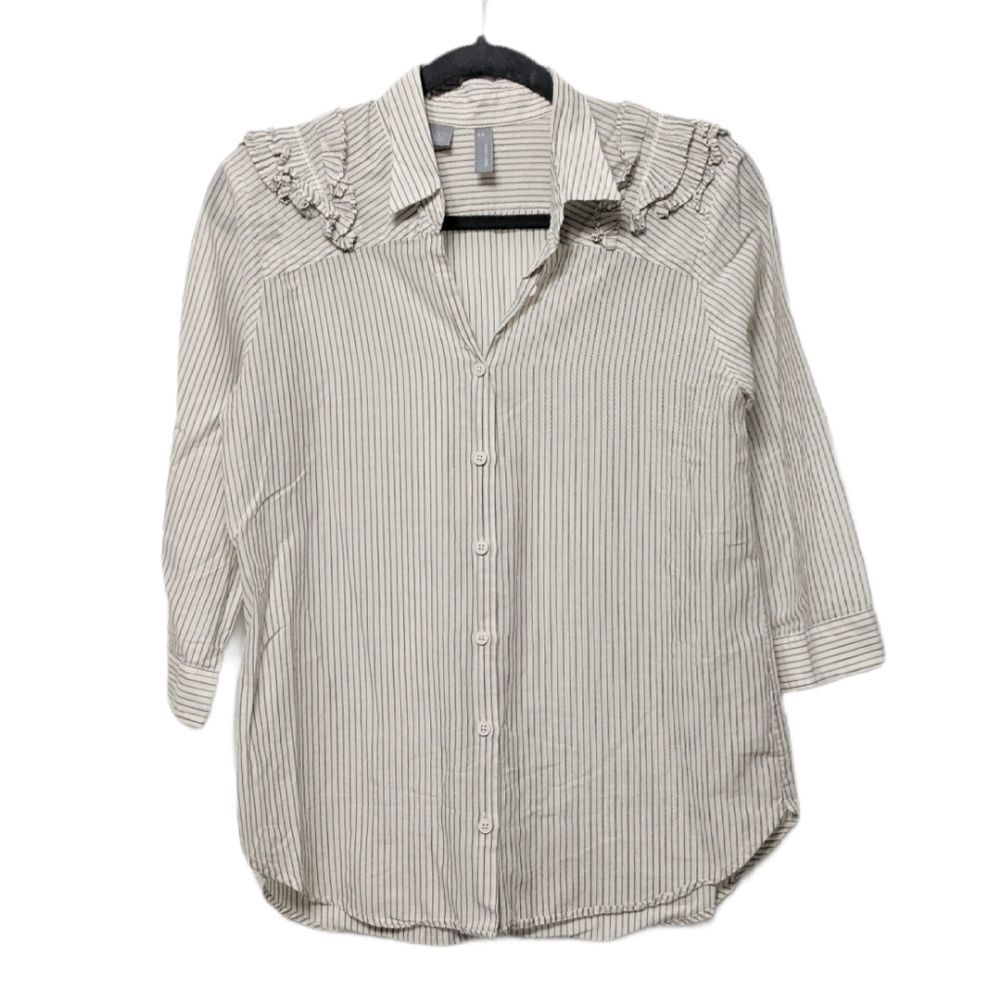 SIBEL SARAL Striped Ruffle Shoulder Button Top XS